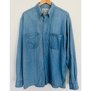 Prides Landing Men Vintage Blue Denim Oxford Button Western Jean Shirt Sz Medium